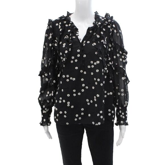 Rebecca Taylor Tops - Rebecca Taylor Womens Floral Print Ruffled Button DownBlouse Black White Size 8